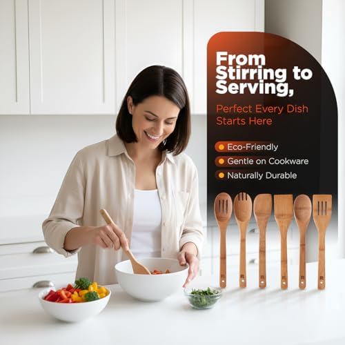 Riveira Dark Bamboo Wooden Spoons for Cooking 6-Piece, Apartment Essentials Wood Spatula Spoon Nonstick Kitchen Utensil Set Premium Quality Housewarming Gifts for Everyday Use - Image 6
