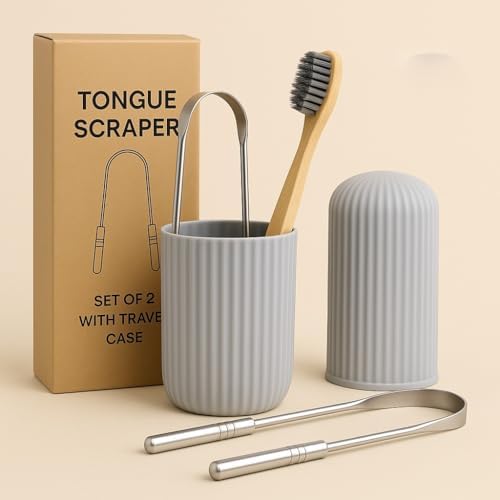 Tongue Scraper Set – Cleaner Kit with Bamboo Toothbrush with Charcoal Bristles & Travel Case – Daily Oral Hygiene Tool for Men & Women (Stainless Steel, 2 - Pack),Reduce Bad Breath, Tongue Scrubber - Image 3