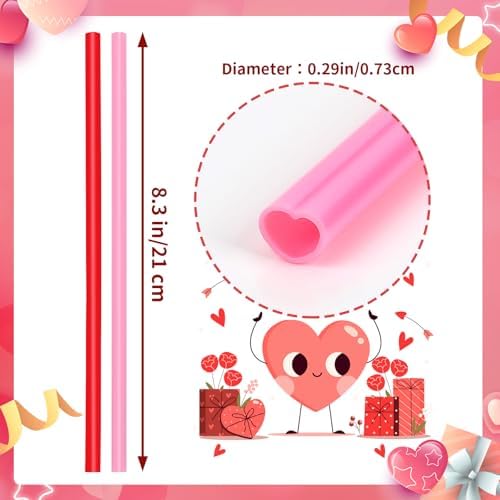 JANYUN 30 Pcs Pink Red Heart Shaped Straws, Valentines Plastic Straw - Image 2