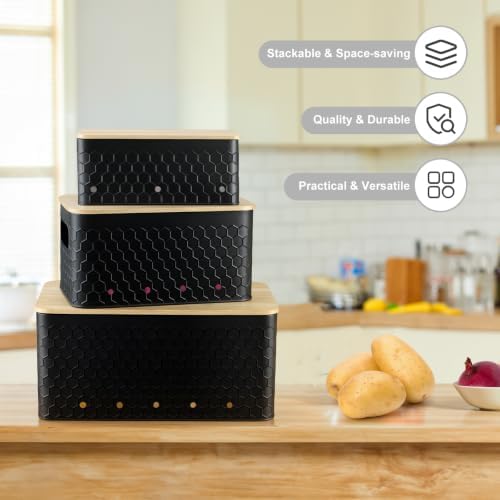 Kitchen Vegetable Storage Set of 3, Metal Onion Garlic Potato Storage Set, Kitchen Canisters Vegetable Keeper Containers with Aerating Holes and Bamboo Lid,Embossed Black - Image 5