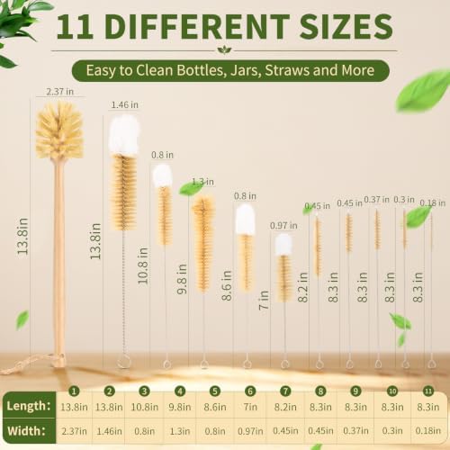 11 Pack Natural Bamboo Bottle Brush Set with Straw Cleaner - Image 2