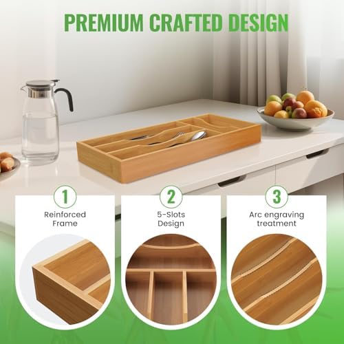 Small Silverware Organizer, Bamboo Kitchen Drawer Cutlery Organizer, Utensil Holder, Flatware Organizer Tray (6.7"x14.2"x1.6") - Image 6