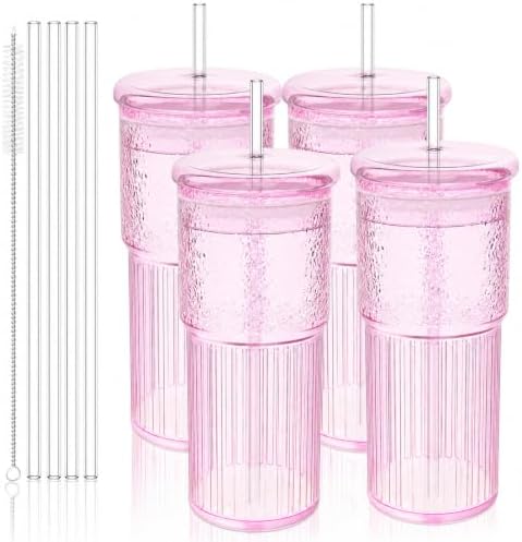 Luiaiog 20oz Glass Cups with Lids and Straws - Set of 4 Reusable Tumblers, Thickened Shatter-Resistant Glass, Ideal for Iced Coffee, Smoothies, Cocktails, Juices - Elegant & Durable Drinkware (Pink) by Luiaiog