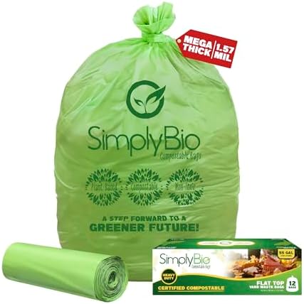 Simply Bio 50-55 Gallon Compostable Trash Bags Liners Flat-Top, Heavy Duty Extra Thick 1.57 Mil, 208.2 Liter, 12 Bags, Lawn, Yard, and Restaurant Use, ASTM D6400, US BPI, OK Compost Home Certified by SimplyBio