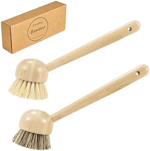 2 Pack Natural Kitchen Dish Brushes with Sisal & Palm Bristles, Long Bamboo Handle Scrubber for Dishes, Cast Iron Pans Pots and Vegetable Cleaning by Unknown