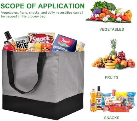 3 Pack Canvas Reusable Grocery Bags Heavy Duty, 8.3 gal Foldable Large Tote Bag with Handles, Holds 60 lbs Canvas Shopping Bags & Washable Eco-friendly Bags with 5 Pockets, Grey+Black - Image 3