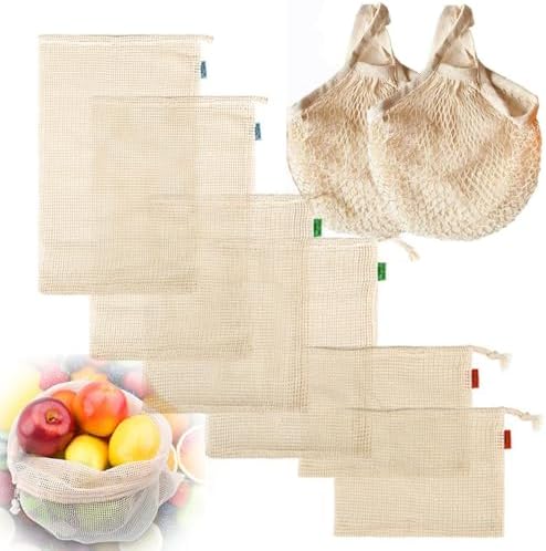Set of 8 Reusable Organic Cotton Produce Bags, Mesh Grocery Cotton String Bag Net Shopping Mesh Bags – total 8 PCS(2pcs for each size) (8) by Unknown