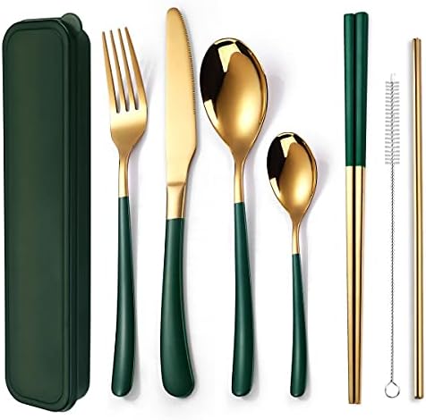 AARAINBOW 7 Pieces Stainless Steel Flatware Set Portable Reusable Cutlery Set Travel Utensils Set Including Chopsticks Knife Fork Spoon Straws Cleaning Brush Dishwasher Safe (7 Green Golden) by AARAINBOW