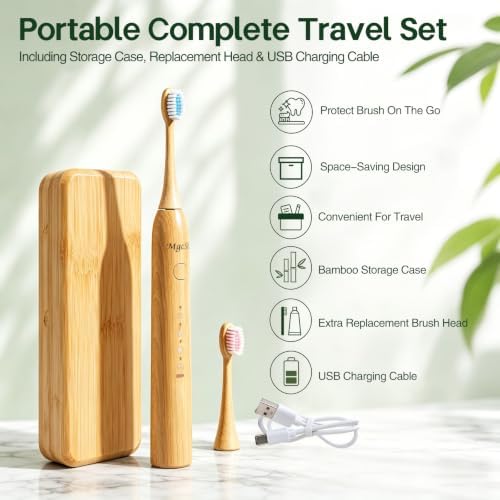 Sonic Electric Bamboo Toothbrush 2 Bamboo Heads with Castor Oil Bristles - Image 3