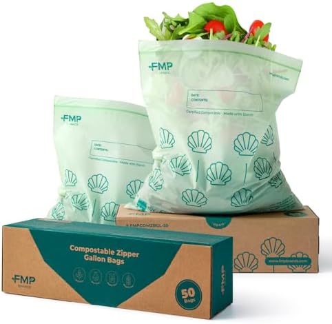 Fit Meal Prep 50 Pack 100% Compostable Food Storage Bags, 1 Gallon Freezer Bags, 10.6 x 11.5" Resealable Bag for Vegetables, Meat, Fruits, ASTM D6400, US BPI & EU OK Compost Certified by FMPBRANDS