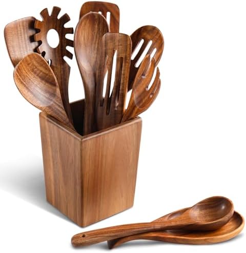 Wooden Spoons for Cooking, 11 Pcs Wood Cooking Utensils Set with Holder, Natural Acacia Wooden Kitchen Tools, Nonstick Cookware, Easy Clean, Kitchen Utensil Set for Mom, Wife Cooking Gifts by NAYAHOSE