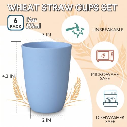 Wrova Wheat Straw Cups 6 PCS Good Alternative to Plastic Reusable Cups 12 oz Unbreakable Drinking Cup Reusable Dishwasher Safe Water Plastic Glasses Light Blue - Image 2