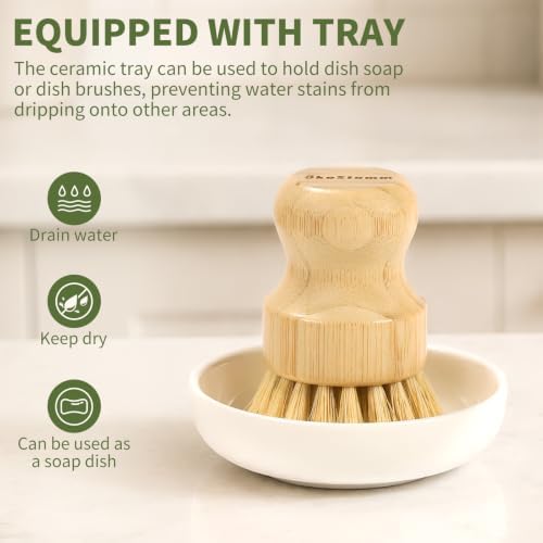 4-PCS Natural Bamboo Dish Brush with Ceramic Tray for Cleaning - Image 5