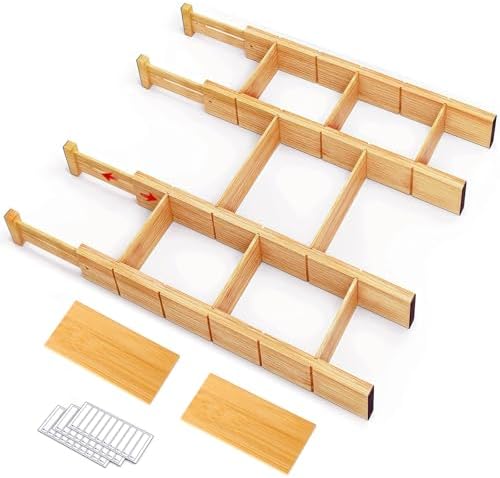 Whitmor Adjustable Bamboo Drawer Dividers, Expandable 17"-22" Drawer Organizer, Space-Saving, Non-Slip & Spring-Loaded Separators for Kitchen, Bedroom, Office, 4 Pack Dividers with 9 Baffles by Whitmor