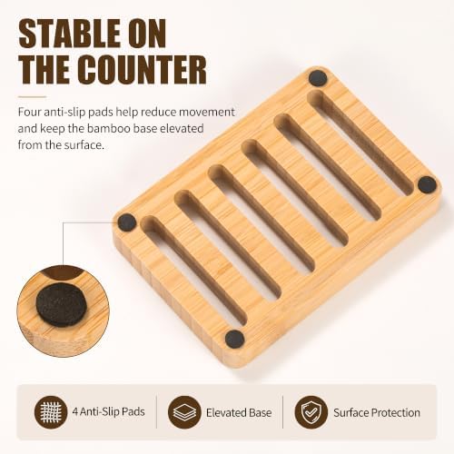 SAMEBUTECO Bamboo Soap Holder 2-Pack, 4.9 Inch Self Draining Bar Soap Saver with Pads - Image 5