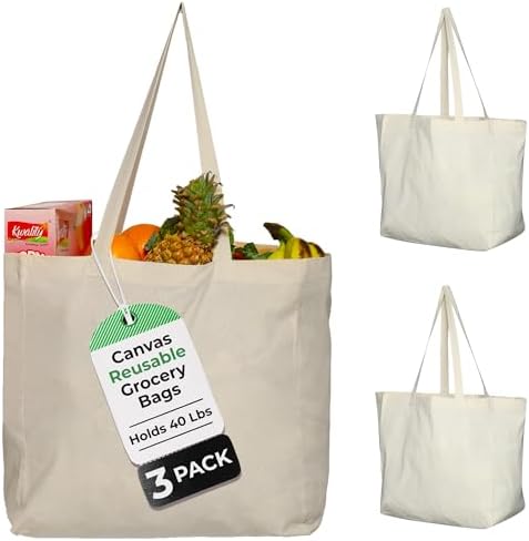 Greenmile 3 Pack Canvas Reusable Grocery Bags - Cotton Canvas Grocery Bag Cloth Shopping Tote With Long Handles Bulk - Heavy Duty Grocery Tote Bag - Large, Foldable and Lightweight - Capacity 40 lbs by Greenmile