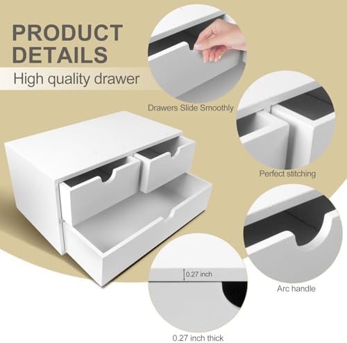 Charmewooden Bamboo Desk Organizer with 3 Drawers, Countertop Organizer with Drawers Makeup Storage Drawer 3 Drawer Tabletop Storage Organization Box Home Office Workspace（White） - Image 6