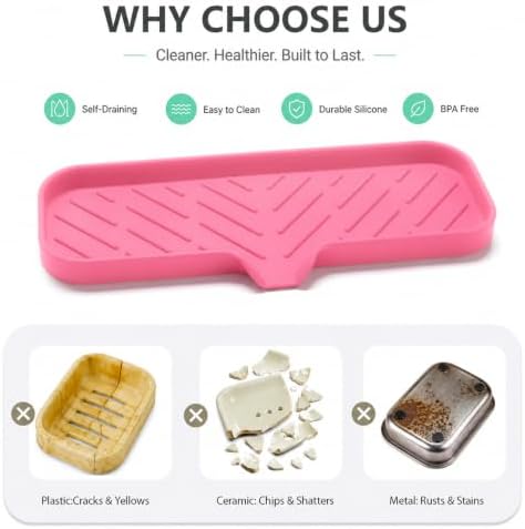MicoYang Silicone Soap Dish with Drain Spout — Self-Draining Double Sink Organizer Tray for Kitchen & Bathroom, Dispensers, Sponges & Soap Holder, Non-Slip & Dishwasher Safe, Rose (Large, 12"×4") - Image 3