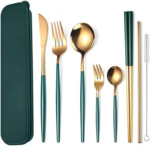 AARAINBOW 8 Pieces Stainless Steel Flatware Set Portable Reusable Cutlery Set Travel Utensils Set Including Chopsticks Knife Fork Spoon Straws Cleaning Brush Dishwasher Safe (Green Golden) by AARAINBOW