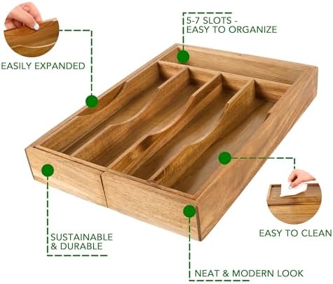 Expandable Acacia Kitchen Drawer Organizer for Cutlery and Utensils, Adjustable Acacia Wood Cutlery Tray in Drawer for Flatware and Silverware in Kitchen - Image 5