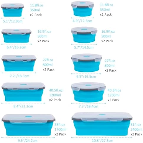 Collapsible Food Storage Containers with Lids 20 Pack(81oz/58oz Extra Large Included), 12 Rectangular+8 Round, Annaklin Silicone Collapsible Food Containers Sets Microwave Freezer Dishwasher Safe Blue - Image 6