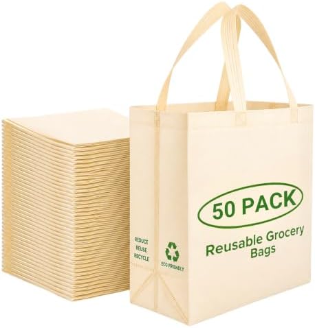 Simply Cool 50 Pack Reusable Grocery Bags, Medium Tote Bags Bulk, Cream by SimplyCool