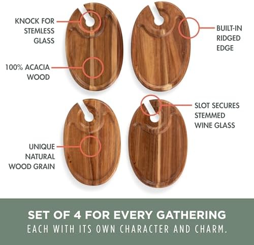 PICNIC TIME Wine Appetizer Plates, Set of 4 Wooden Cocktail Plates with Glass Holder, Mini Charcuterie Boards for Wine and Cheese Parties, Acacia Cheese Board Serving Trays (Oval - Acacia Wood) - Image 6