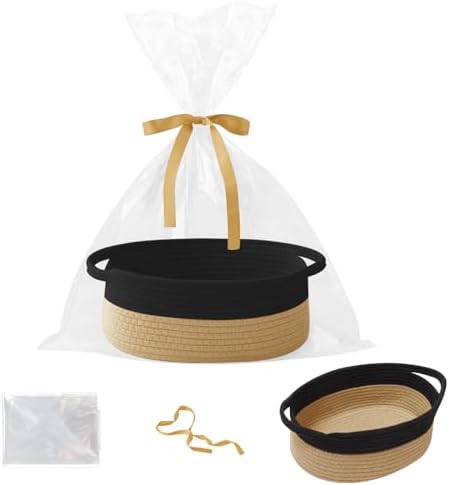 Woven Rope Basket,Baby Gift Basket with Bag & Ribbon, Black&Jute by HZFTJOY