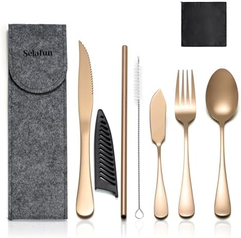 Travel Utensils with Case, Portable Silverware Set Stainless Steel Lunch Box Travel Cutlery Set for Work, Camping, Picnic, Hiking, Office (Rose Gold) by Selafun