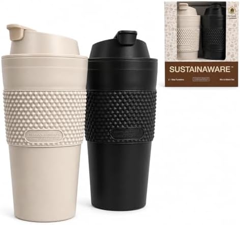 16 oz Coffee Tumbler Set (2 Pack) – Insulated Double Wall Travel Mug with Leak Proof Lid, Cup Holder Friendly, BPA Free Reusable Coffee Cup, Dishwasher & Microwave Safe (Black and Sand) by Stephan+Roberts