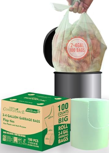 BEIDOU-PAC 3 Gallon Flap Tie Compostable Trash Bags, 100 Count Small Compost Garbage Bags, Food Scrap Waste Bags for Countertop Bin, ASTM D6400, US BPI Certified by BEIDOU-PAC