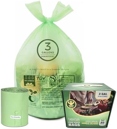 3 Gallon Compostable Trash Bags with Handle-Tie, Thick 0.67 Mil, 11.36 Liter, 80 Bags, Small Kitchen Food Scrap Waste Bag, ASTM D6400, US BPI and OK Compost Home Certified by Lokingrise