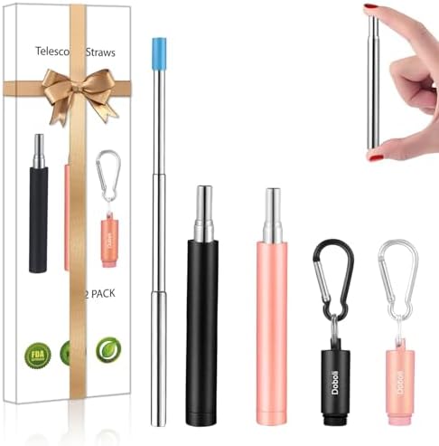 2 Pack Reusable Metal Straws Collapsible Stainless Steel Drinking Straw Travel Portable Telescopic Straw with Case for Cruise Ship Essentials Black/Rose Gold by Doboli