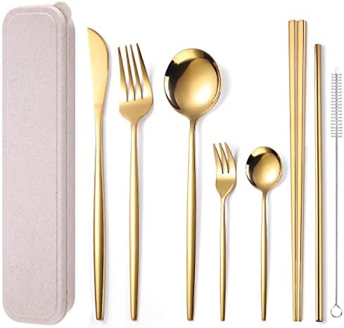 AARAINBOW 8 Pieces Stainless Steel Flatware Set Portable Reusable Cutlery Set Travel Utensils Set Including Chopsticks Knife Fork Spoon Straws Cleaning Brush Dishwasher Safe (Golden) by AARAINBOW