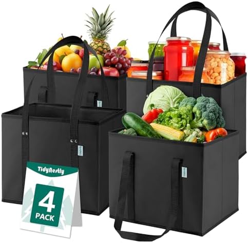 Reusable Grocery Bags Foldable 4-Pk, Heavy Duty Large Reusable Shopping Bags with Handles, Collapsible Tote by Unknown