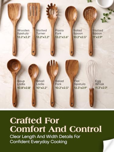 AIUHI 10 Pcs Wooden Spoons for Cooking, Teak Wooden Utensil Set for Nonstick Cookware, Wooden Kitchen Utensils Set with Whisk and Spaghetti Server - Image 3