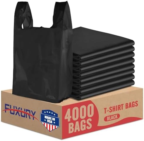 Fuxury 4000 (4K) Count Plain Black Plastic T-shirt Bags11.5" x 6.5" x 21", Grocery, Trash, Garbage,Take Out, To Go, Restaurants, Retail Shopping Bags in Bulk for Small Business by Fuxury