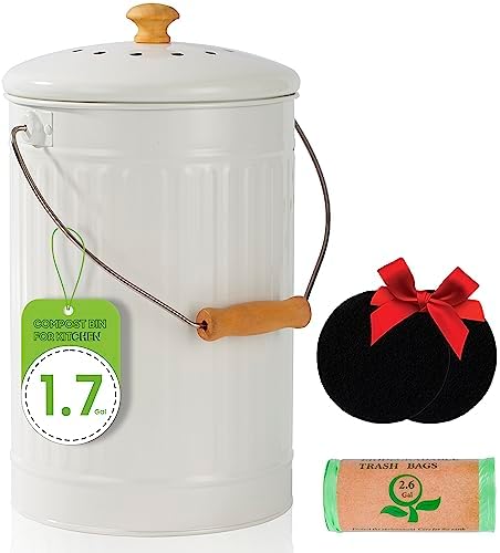 1.7 Gallon Kitchen Compost Bin, Indoor Countertop Compost Bin with Lid, 100% Rust Proof Compost Bucket with Non-Smell Charcoal Filters (White) by TreaHome