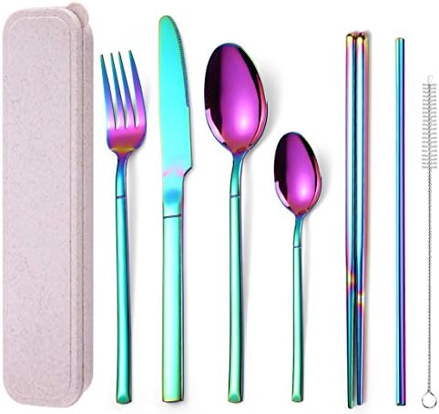 AARAINBOW 7 Pieces Stainless Steel Flatware Set Portable Reusable Cutlery Set Travel Utensils Set Including Chopsticks Knife Fork Spoon Straws Cleaning Brush Dishwasher Safe (Multicolored) by AARAINBOW