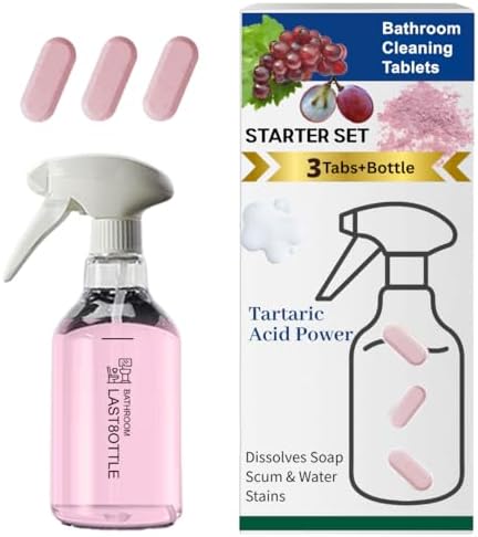 Bathroom Cleaner Starter Kit – Tartaric Acid (Milder than Citric) – Rich Foam Spray Clings to Grime – For Hard Water Stains on Shower Glass, Mirrors, Tile & Tub – Bottle + 3 Refills by LAST8OTTLE