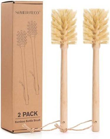 SAMEBUTECO Natural Bamboo Cup Cleaning Brush Set of 2 – 11.3 Inch Sisal Bristle Bottle Brush with Flat Head Design, Wooden Handle with Hanging Hole & Rope for Cups, Mugs, Glasses, Water Bottles by HOME