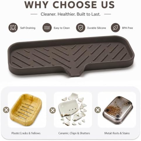 MicoYang Silicone Soap Dish with Drain Spout — Self-Draining Double Sink Organizer Tray for Kitchen & Bathroom, Dispensers, Sponges & Soap Holder, Non-Slip & Dishwasher Safe, Coffee (Large, 12"×4") - Image 3