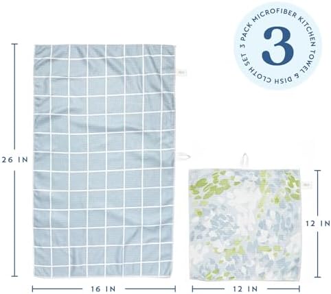 ELYN Microfiber Kitchen Dish Towel & Dish Cloth Set, Quick-Dry & Absorbent Waffle Weave Cleaning Cloths, Set of One Kitchen Towel & Two Washcloths, Paper Towels Alternative (Painterly Floral & Grid) - Image 2