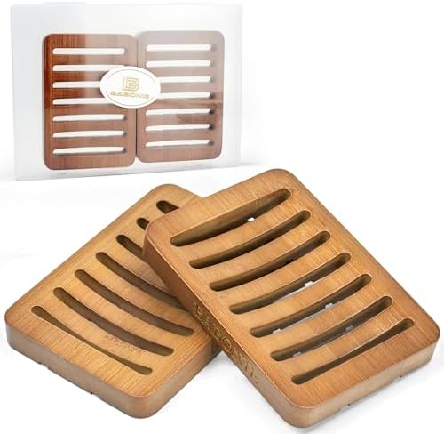 2 Pack FSC Bamboo Soap Holder, Slotted Self-Draining Dish, Acacia Style by BABONIE