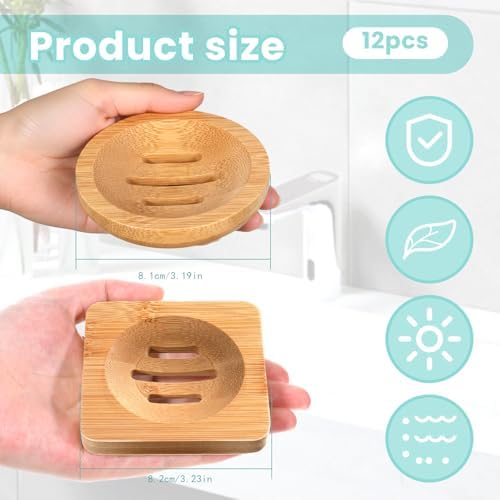 12 Pcs Bamboo Soap Dishes, Wooden Soap Tray Soaps Holder for Bathroom, Shampoo Bar Holder for Shower, for Home Bathroom(Square & Round) - Image 2