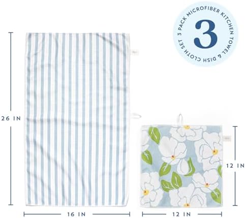 ELYN Microfiber Kitchen Dish Towel & Dish Cloth Set, Quick-Dry & Absorbent Waffle Weave Cleaning Cloths, Set of One Kitchen Towel & Two Washcloths, Paper Towels Alternative (Magnolias & Stripe) - Image 2