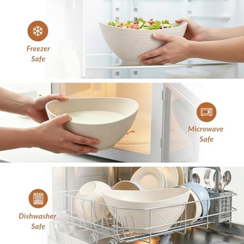 Homienly Salad Bowls Set of 6, 60 OZ Large Wheat Straw Bowls for Kitchen, Camping, Party, Unbreakable Lightweight Popcorn Bowl, Microwave and Dishwasher Safe Bowl Set with Unique Texture - Beige - Image 5