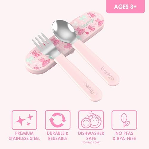 Bentgo Kids Stainless Steel Utensil Set - Reusable Fork, Spoon & Storage Case, PFAS- & BPA-Free, Easy-Grip Handles, Lightweight, Dishwasher Safe, School Lunch, Travel & Outdoors (NEW Ballet and Bows) - Image 3