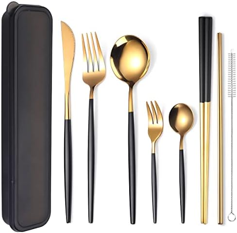 AARAINBOW 8 Pieces Stainless Steel Flatware Set Portable Reusable Cutlery Set Travel Utensils Set Including Chopsticks Knife Fork Spoon Straws Cleaning Brush Dishwasher Safe (Black Golden) by AARAINBOW