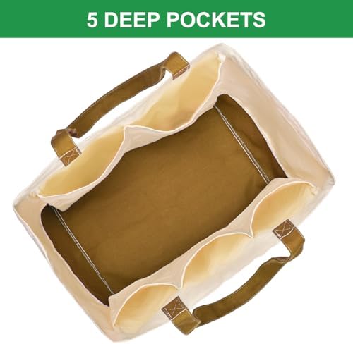3 Pack Canvas Reusable Grocery Bags Heavy Duty, 8.3 gal Foldable Large Tote Bag with Handles, Holds 60 lbs Canvas Shopping Bags & Washable Eco-friendly Bags with 5 Pockets, camel+Off white - Image 4